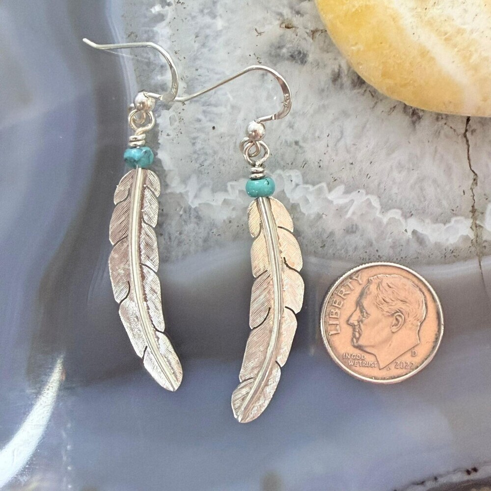 Anthony Gatewood Sterling & Turquoise Bead Feather Dangle Earrings For Women - Picture 8 of 10